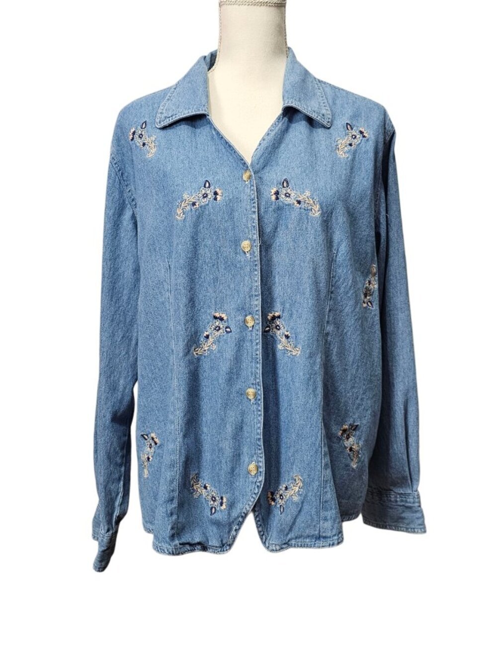 Bill Blass Vintage Denim Embroidered Button Cotton Long Sleeve Jean Top Blue 2X